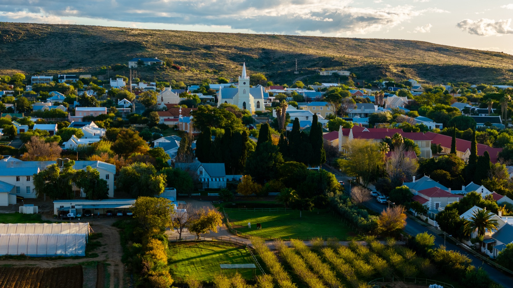Aerial of a Karoo town at golden hour — Prince Albert